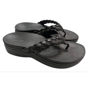 Vionic Kenji Black Faux Leather Braded Thong Platform Sandals Size 7 Flip Flops